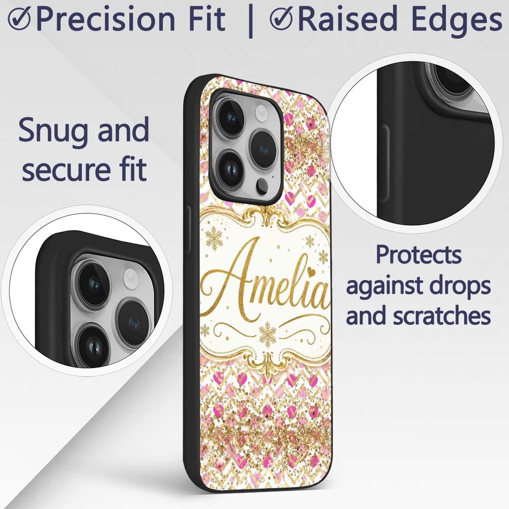Pink Gold Chevron Glitter Hearts Seamless Pattern Custom Name Protective Phone Case Mobile Cover Durable Everyday Smartphone Shock Resistant