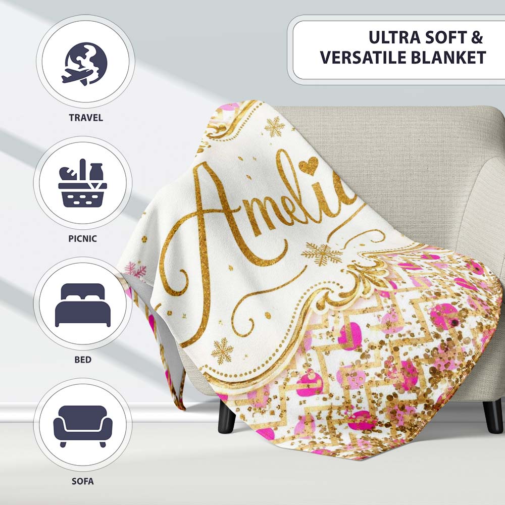 Pink Gold Chevron Glitter Hearts Seamless Pattern Design Stylish Personalised Custom Name Super Soft Fleece Blanket Bed Sofa Throw