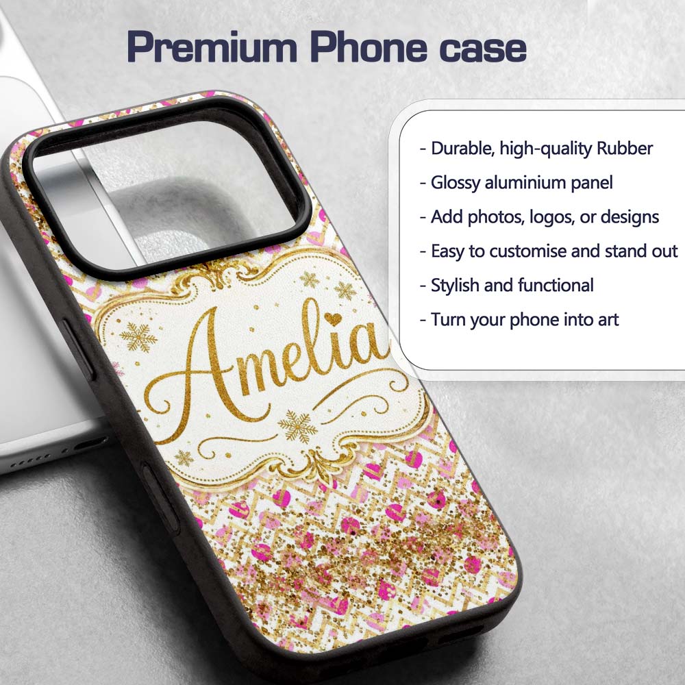 Pink Gold Chevron Glitter Hearts Seamless Pattern Custom Name Protective Phone Case Mobile Cover Durable Everyday Smartphone Shock Resistant