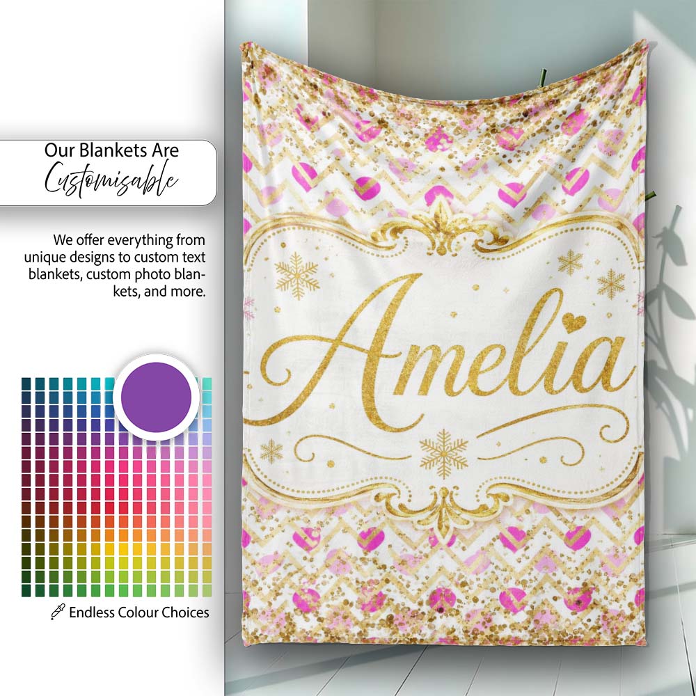 Pink Gold Chevron Glitter Hearts Seamless Pattern Design Stylish Personalised Custom Name Super Soft Fleece Blanket Bed Sofa Throw