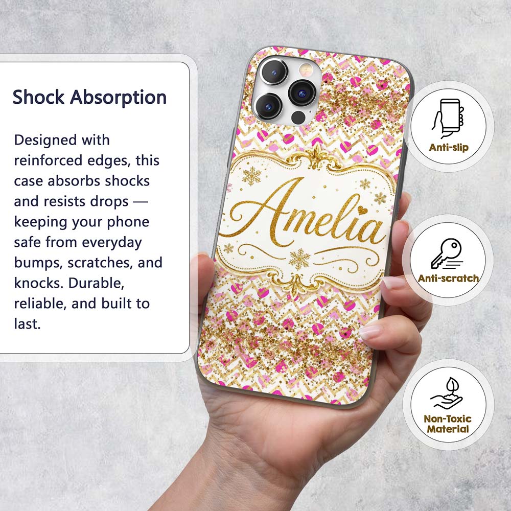 Pink Gold Chevron Glitter Hearts Seamless Pattern Custom Name Protective Phone Case Mobile Cover Durable Everyday Smartphone Shock Resistant