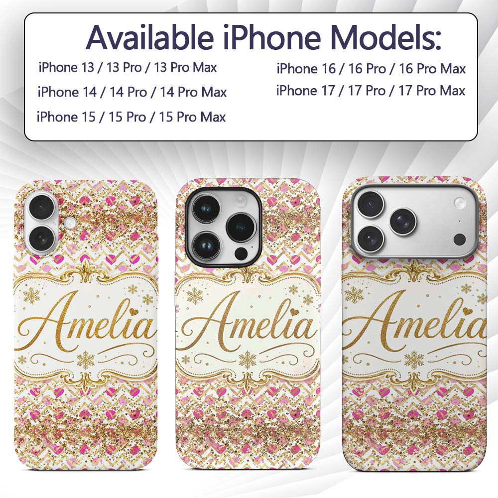 Pink Gold Chevron Glitter Hearts Seamless Pattern Custom Name Protective Phone Case Mobile Cover Durable Everyday Smartphone Shock Resistant