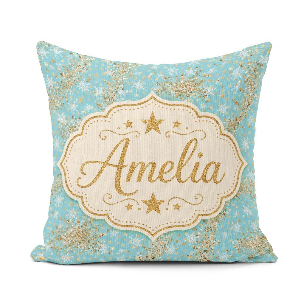 Custom Name Light Blue Gold Star Glitter Seamless Pattern Design Square Filled Cushion Throw Pillow Sofa Bed Home Decor Zip Washable UK Made
