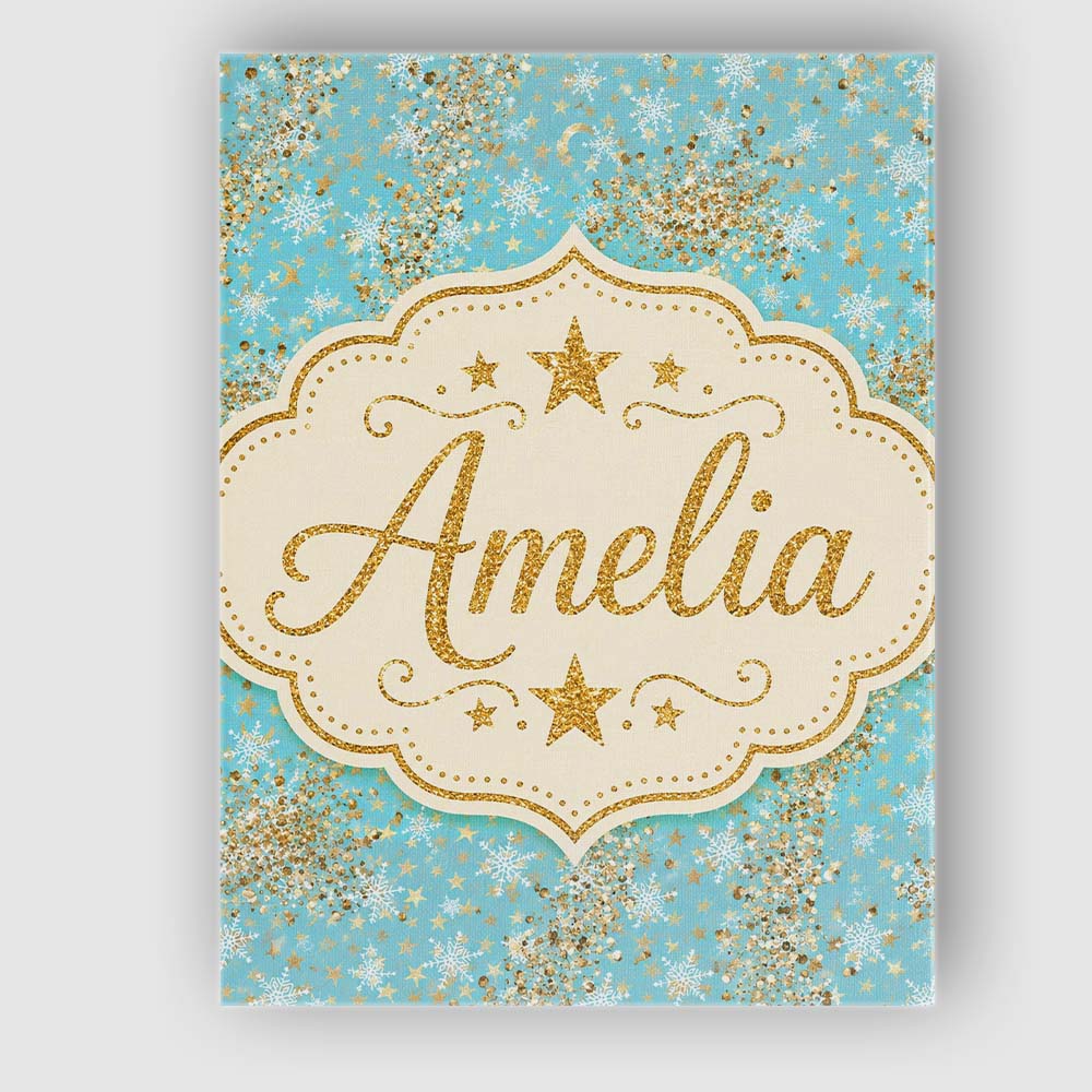 Personalised Name Light Blue Snowflake Gold Custom Bespoke Interior Contemporary Canvas Wall Art Print Decor Picture Ready to Hang