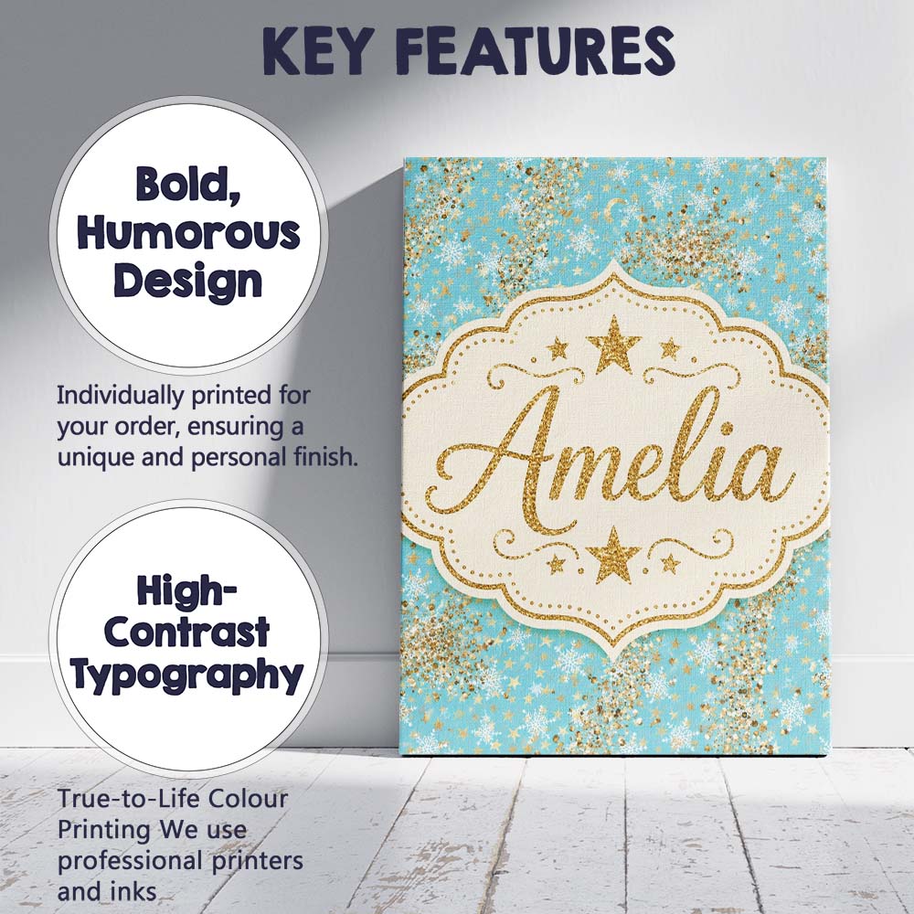 Personalised Name Light Blue Snowflake Gold Custom Bespoke Interior Contemporary Canvas Wall Art Print Decor Picture Ready to Hang