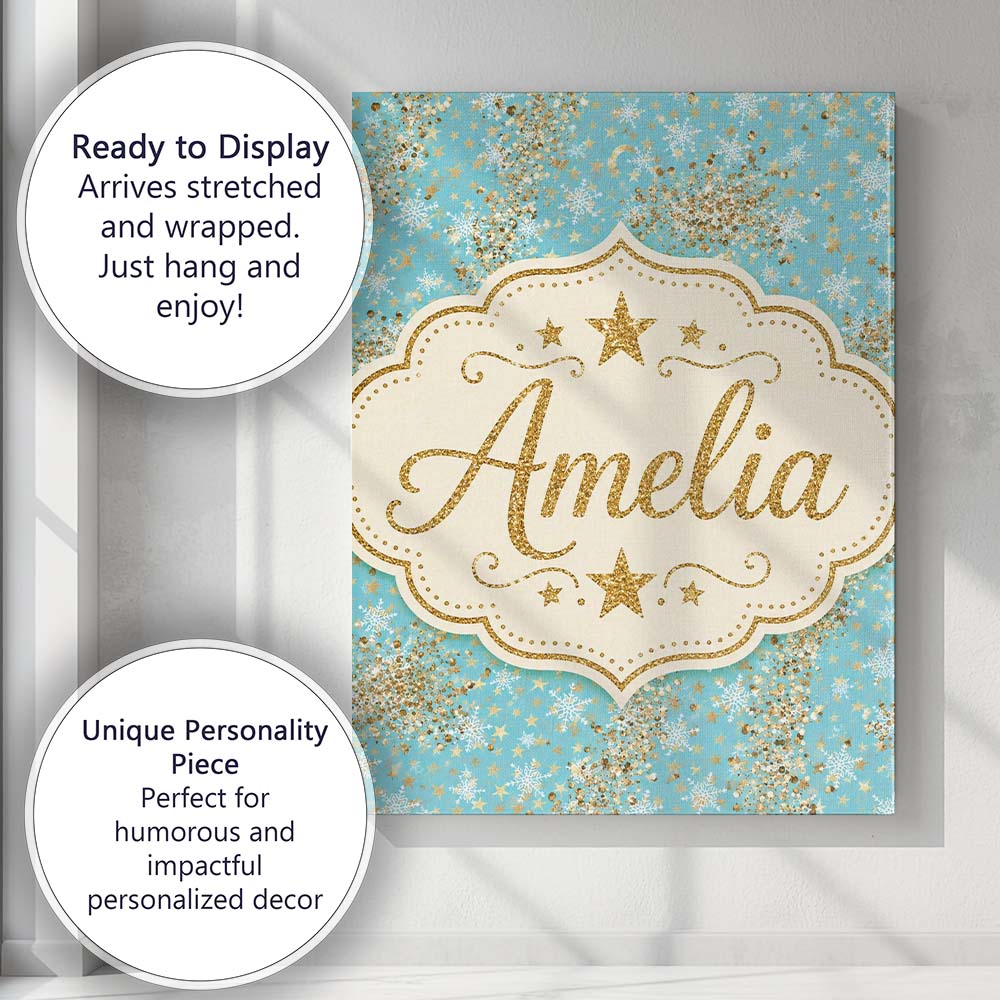 Personalised Name Light Blue Snowflake Gold Custom Bespoke Interior Contemporary Canvas Wall Art Print Decor Picture Ready to Hang
