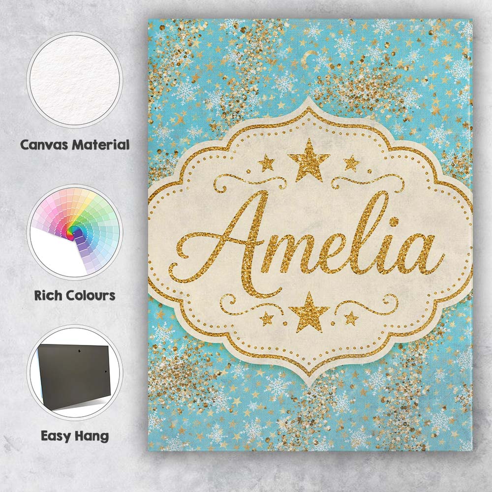 Personalised Name Light Blue Snowflake Gold Custom Bespoke Interior Contemporary Canvas Wall Art Print Decor Picture Ready to Hang