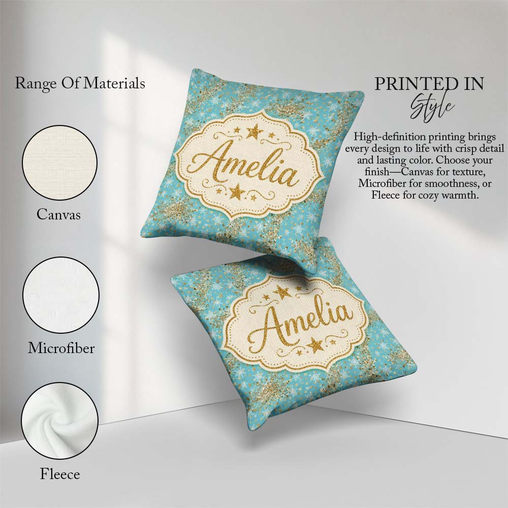 Custom Name Light Blue Gold Star Glitter Seamless Pattern Design Square Filled Cushion Throw Pillow Sofa Bed Home Decor Zip Washable UK Made