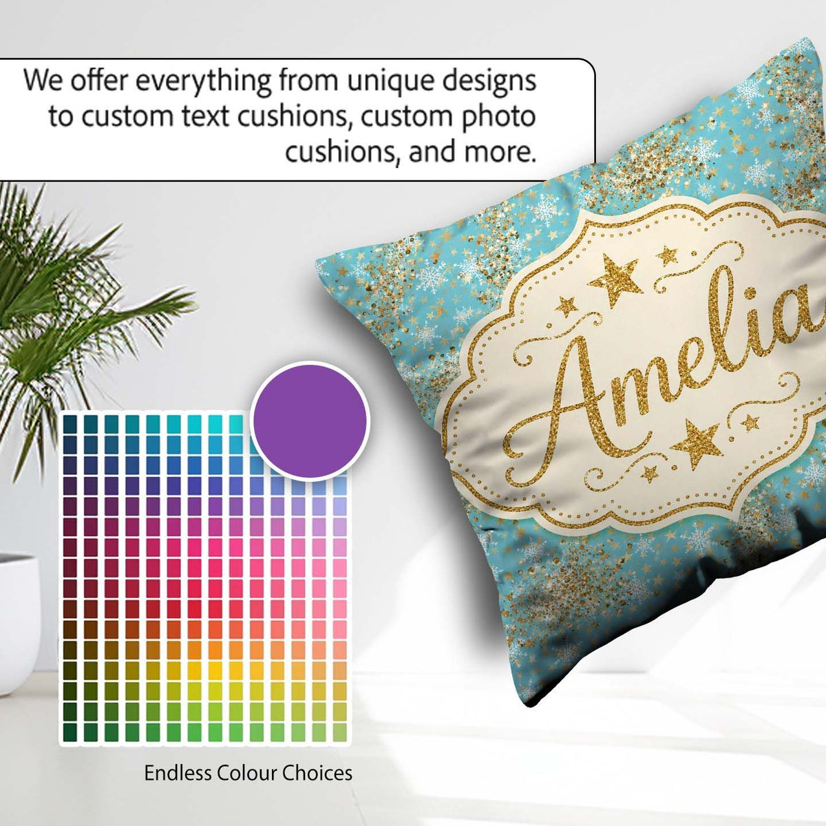 Custom Name Light Blue Gold Star Glitter Seamless Pattern Design Square Filled Cushion Throw Pillow Sofa Bed Home Decor Zip Washable UK Made