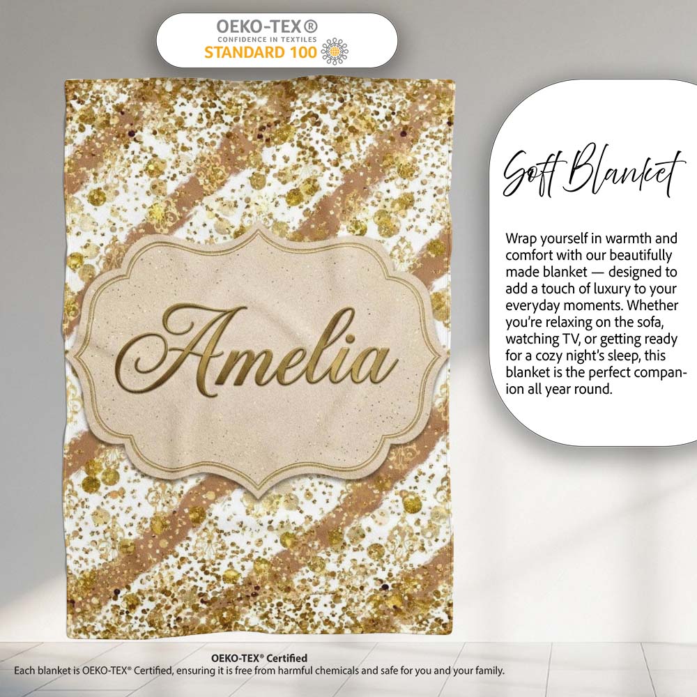 Gold Glitter Damask Stripe Elegant Seamless Pattern Design Luxury Personalised Custom Name Super Soft Fleece Blanket Bed Sofa Throw