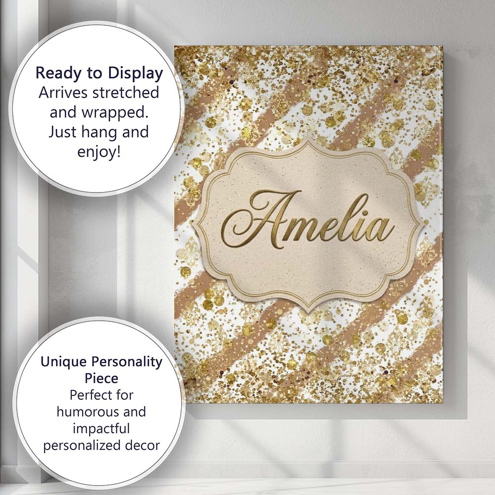 Personalised Name Gold Glitter Damask Custom Modern Room Accent Creative Decorator Style Canvas Wall Art Print Decor Picture Ready to Hang