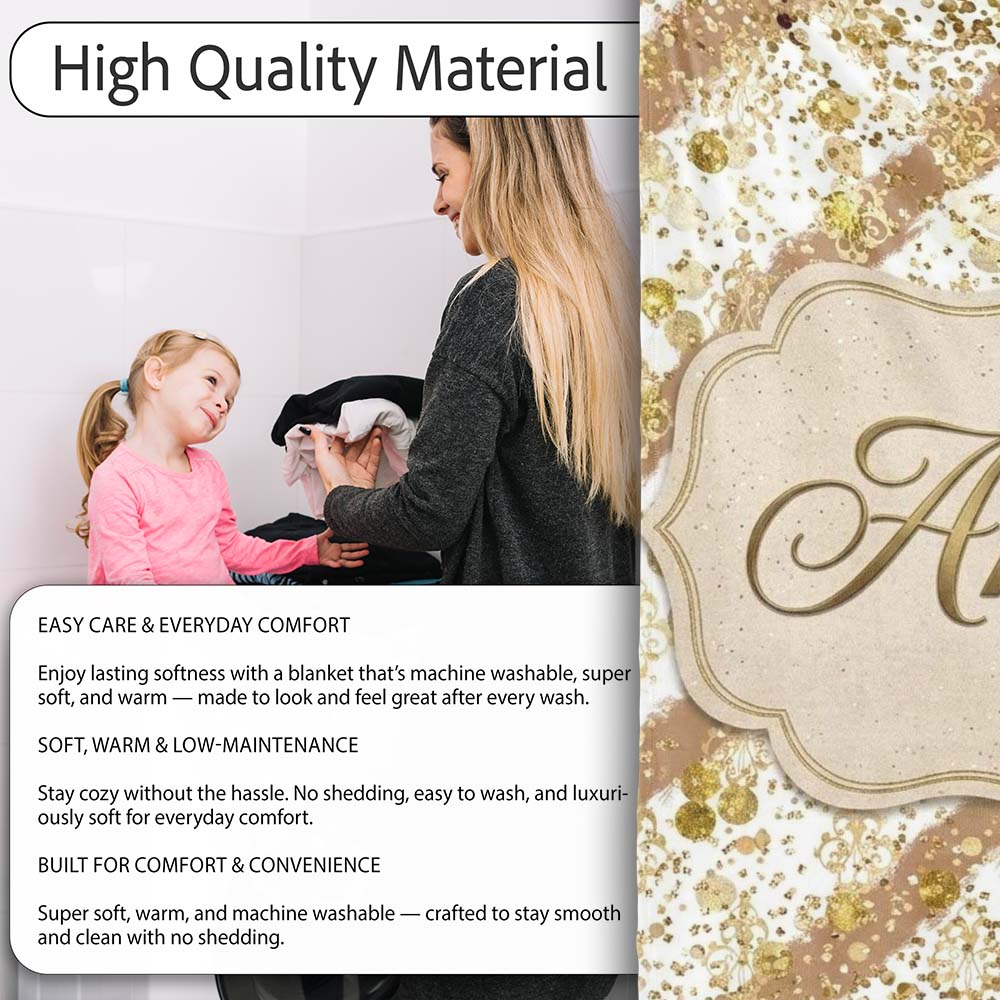 Gold Glitter Damask Stripe Elegant Seamless Pattern Design Luxury Personalised Custom Name Super Soft Fleece Blanket Bed Sofa Throw