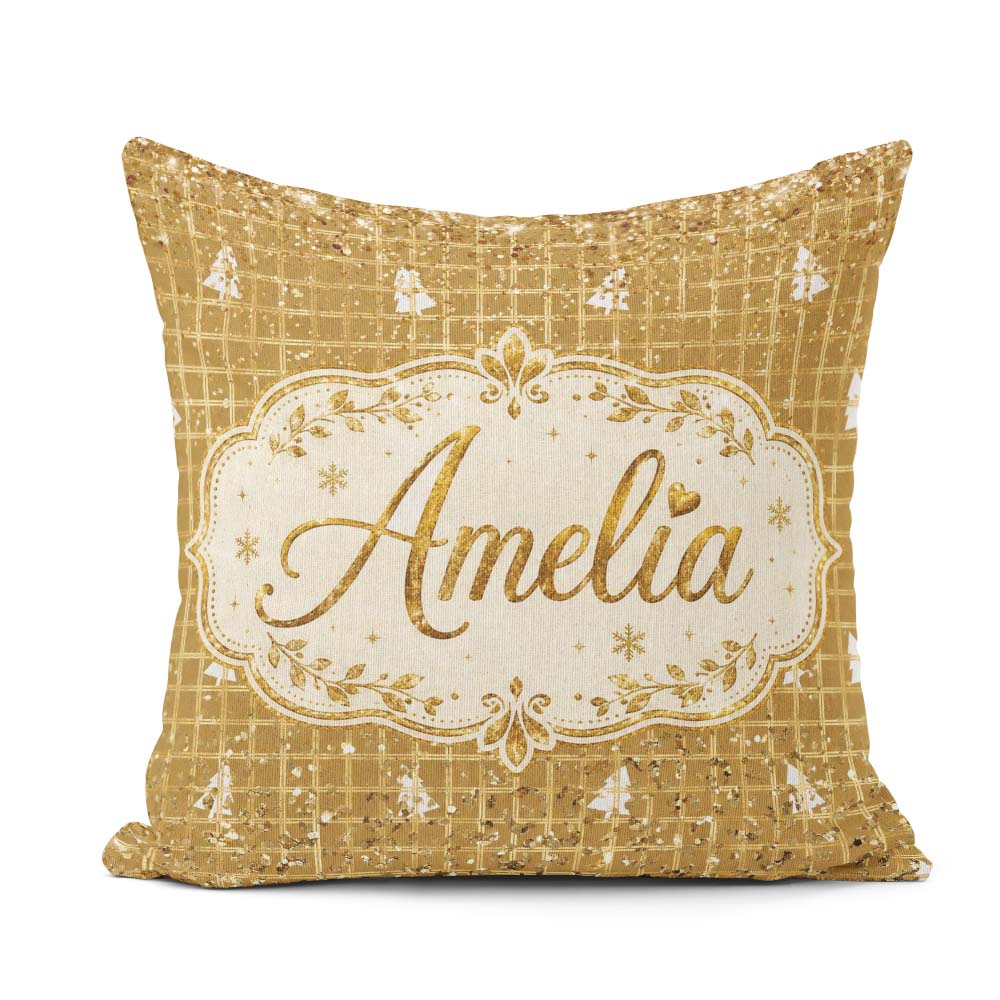 Custom Name Gold Grid Christmas Glitter Seamless Pattern Festive Square Filled Cushion Throw Pillow Sofa Bed Home Decor Zip Washable UK Made