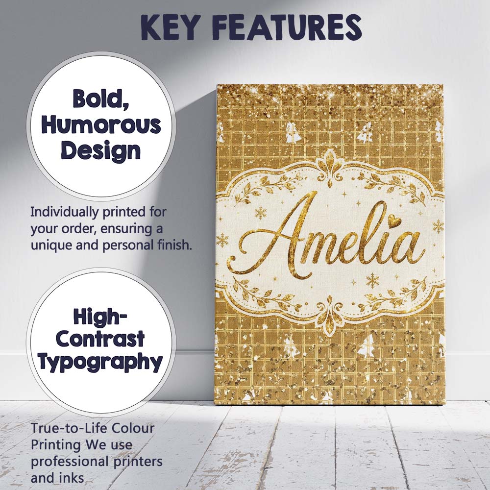 Personalised Name Gold Grid Christmas Tree Custom Unique Gift Idea Elegant Feature Canvas Wall Art Print Decor Picture Ready to Hang