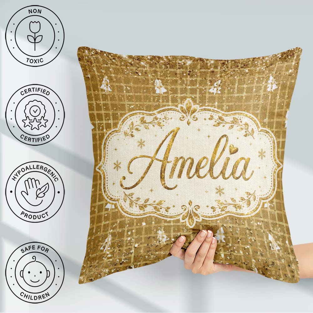 Custom Name Gold Grid Christmas Glitter Seamless Pattern Festive Square Filled Cushion Throw Pillow Sofa Bed Home Decor Zip Washable UK Made