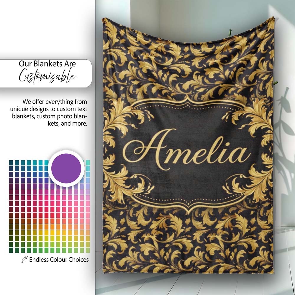 Black Gold Baroque Floral Seamless Pattern Luxury Vintage Ornamental Personalised Custom Name Super Soft Fleece Blanket Bed Sofa Throw