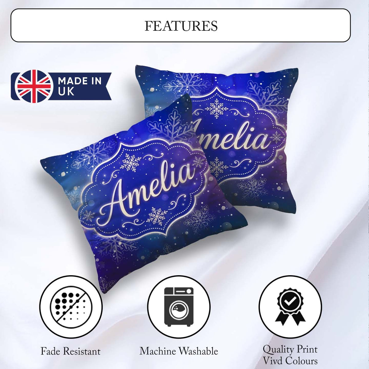 Custom Name Snowflake Bokeh Winter Seamless Pattern Design Soft Square Filled Cushion Throw Pillow Sofa Bed Home Decor Zip Washable UK Made
