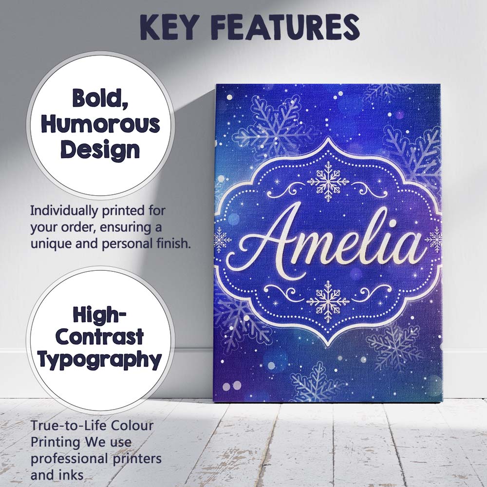 Personalised Name Snowflake Bokeh Winter Custom Unique Gift Idea Elegant Feature Canvas Wall Art Print Decor Picture Ready to Hang