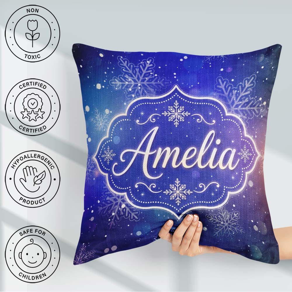Custom Name Snowflake Bokeh Winter Seamless Pattern Design Soft Square Filled Cushion Throw Pillow Sofa Bed Home Decor Zip Washable UK Made