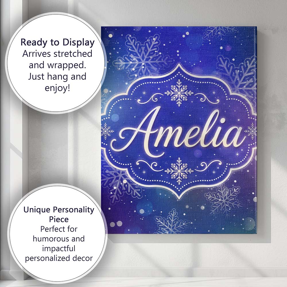 Personalised Name Snowflake Bokeh Winter Custom Unique Gift Idea Elegant Feature Canvas Wall Art Print Decor Picture Ready to Hang