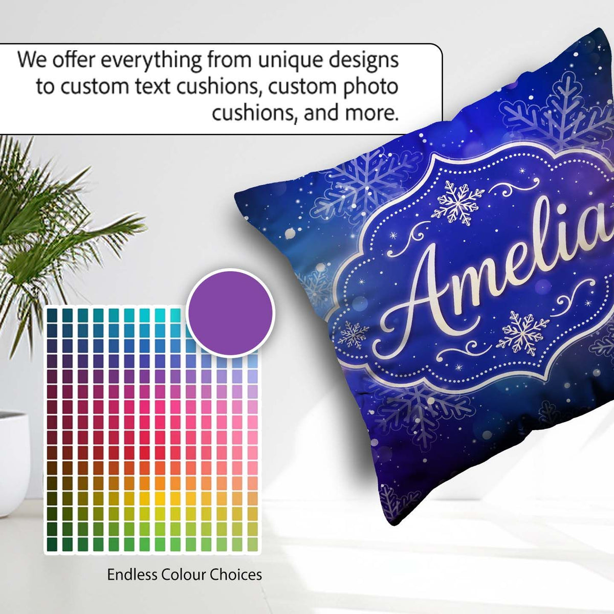 Custom Name Snowflake Bokeh Winter Seamless Pattern Design Soft Square Filled Cushion Throw Pillow Sofa Bed Home Decor Zip Washable UK Made