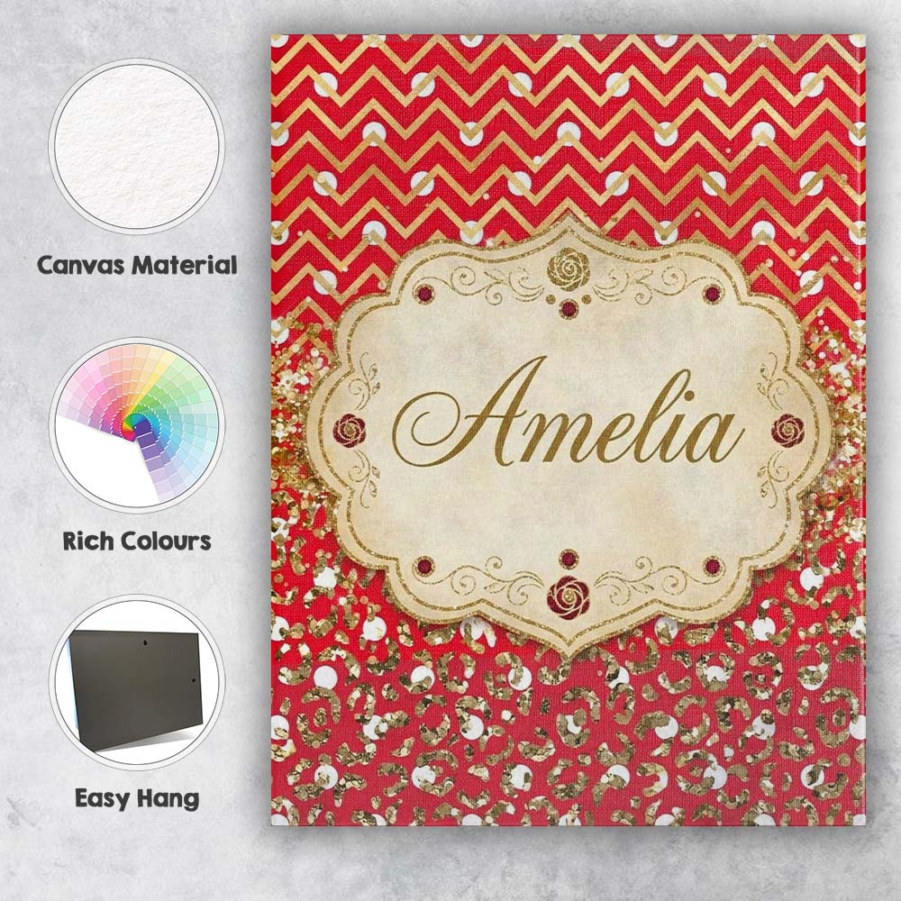 Personalised Name Red Gold Chevron Glitter Custom Unique Gift Idea Elegant Feature Canvas Wall Art Print Decor Picture Ready to Hang