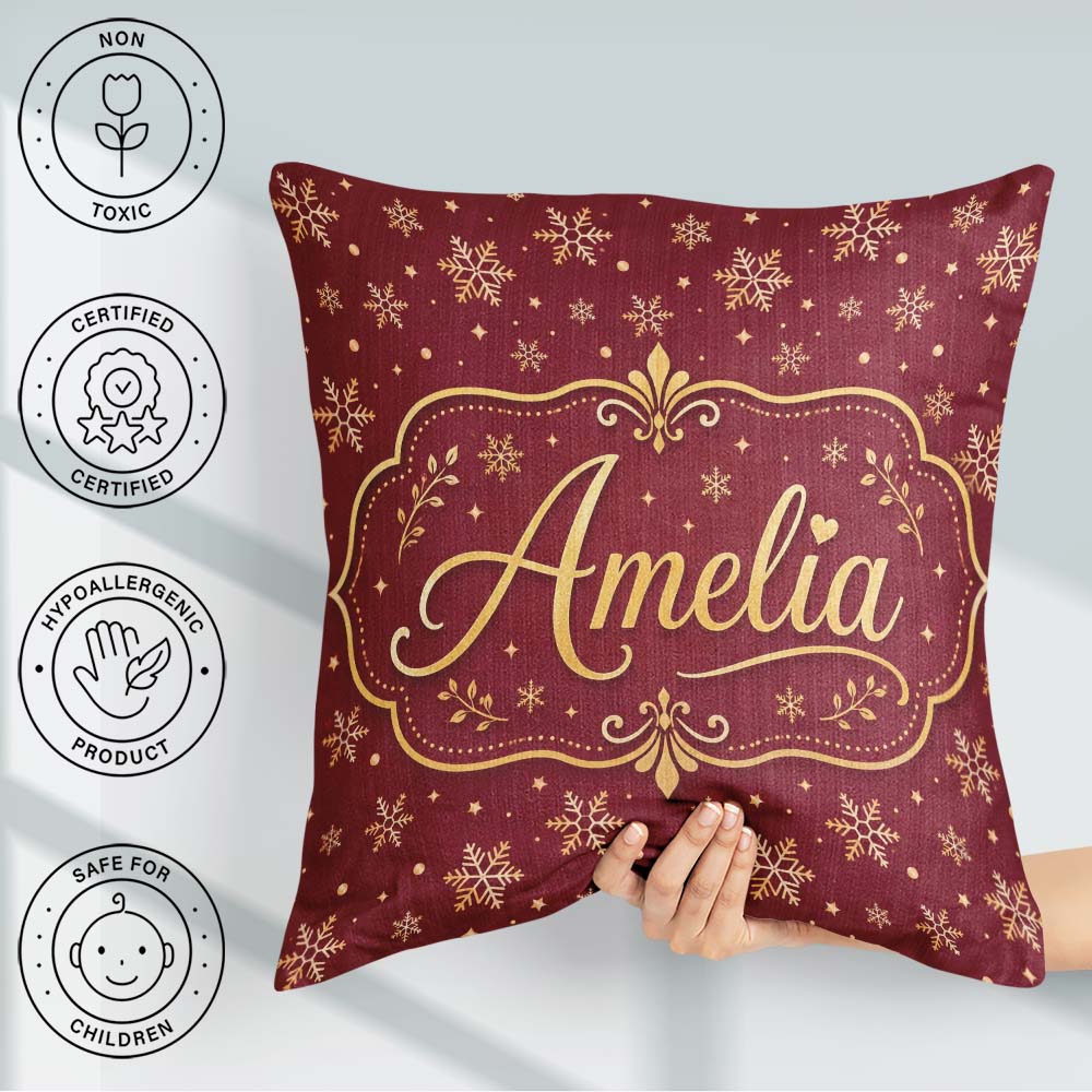 Custom Name Red Gold Snowflake Seamless Pattern Design Christmas Square Filled Cushion Throw Pillow Sofa Bed Home Decor Zip Washable UK Made