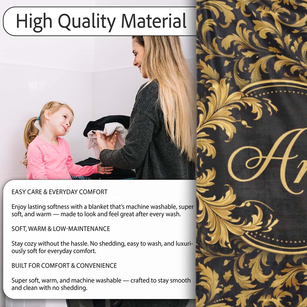 Black Gold Baroque Floral Seamless Pattern Luxury Vintage Ornamental Personalised Custom Name Super Soft Fleece Blanket Bed Sofa Throw