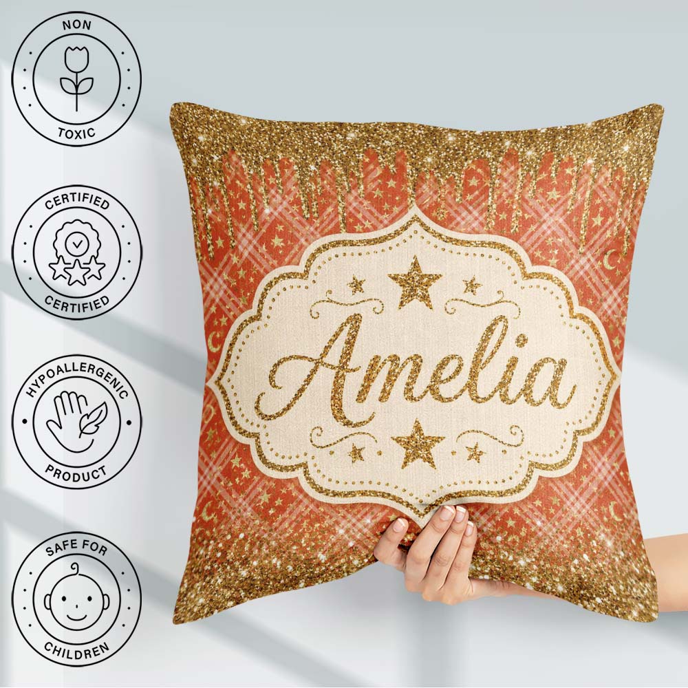 Custom Name Gold Glitter Drip Plaid Star Seamless Pattern Design Square Filled Cushion Throw Pillow Sofa Bed Home Decor Zip Washable UK Made