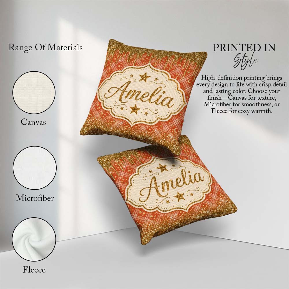 Custom Name Gold Glitter Drip Plaid Star Seamless Pattern Design Square Filled Cushion Throw Pillow Sofa Bed Home Decor Zip Washable UK Made