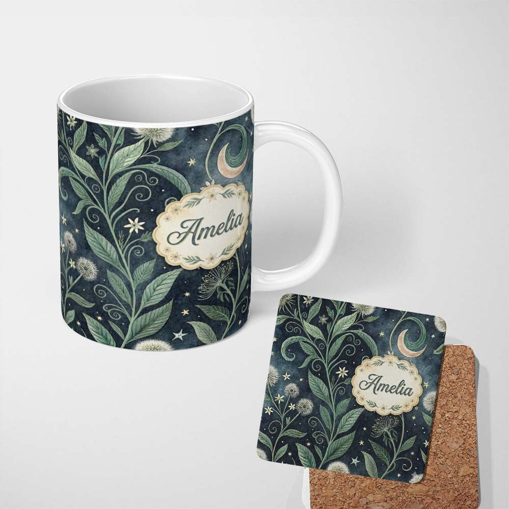 Personalized Custom Name Wild Botanical Floral Moon Night Garden Seamless Pattern Lovely 11oz Ceramic Coffee Tea Mug White Large Handle