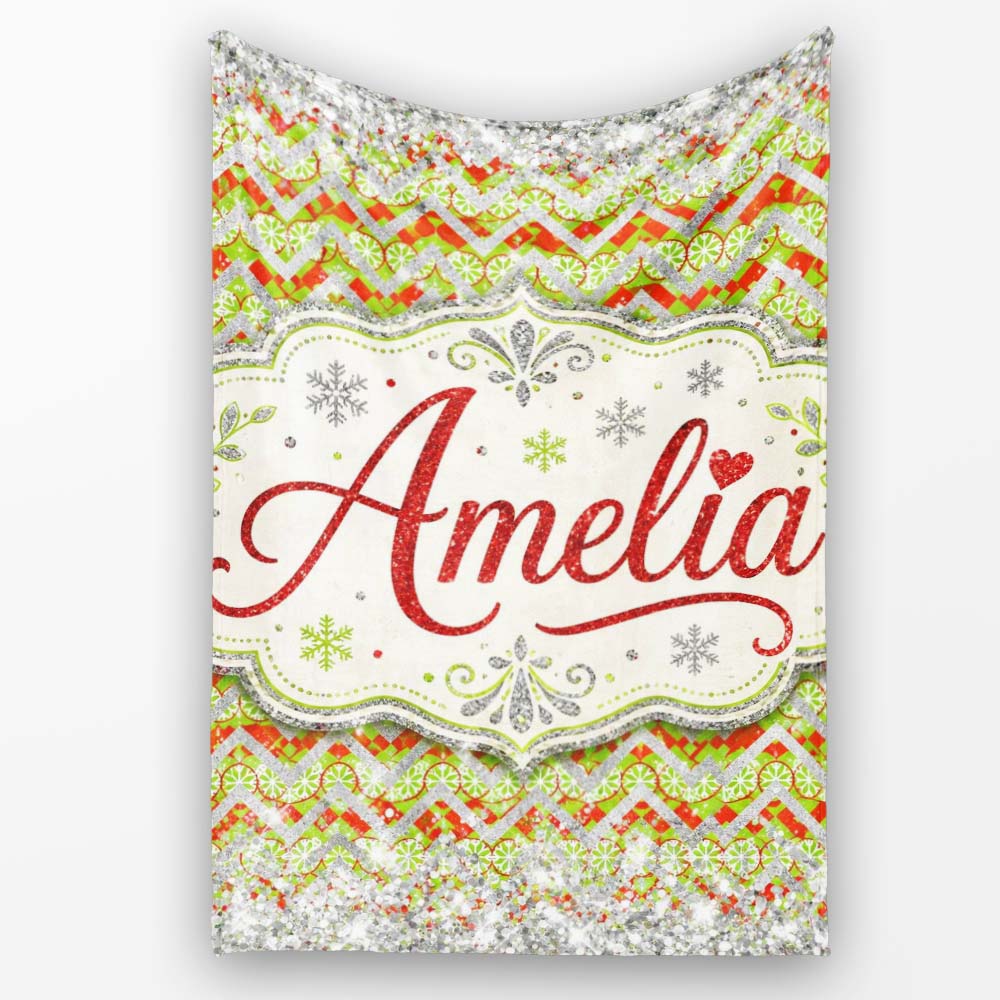 Green Red Chevron Silver Glitter Snow Seamless Pattern Design Winter Personalised Custom Name Super Soft Fleece Blanket Bed Sofa Throw