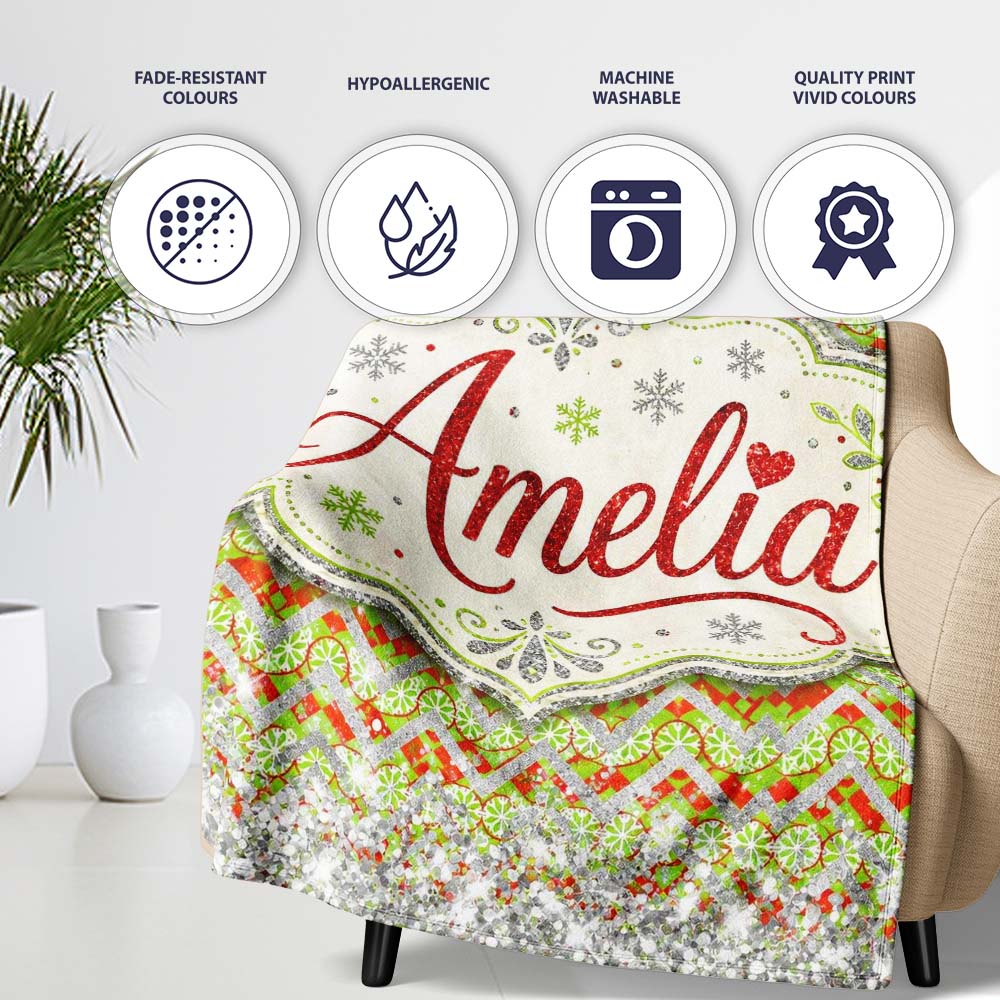 Green Red Chevron Silver Glitter Snow Seamless Pattern Design Winter Personalised Custom Name Super Soft Fleece Blanket Bed Sofa Throw