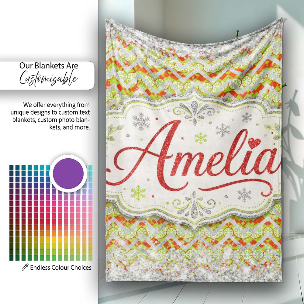 Green Red Chevron Silver Glitter Snow Seamless Pattern Design Winter Personalised Custom Name Super Soft Fleece Blanket Bed Sofa Throw