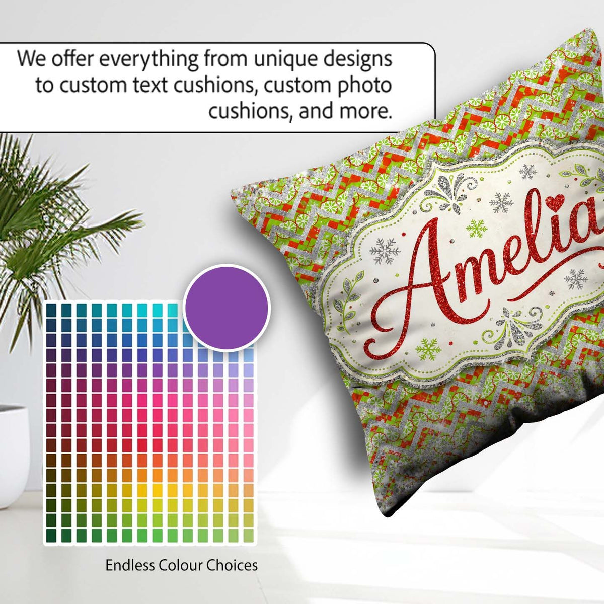 Custom Name Green Red Chevron Silver Glitter Snow Pattern Design Square Filled Cushion Throw Pillow Sofa Bed Home Decor Zip Washable UK Made