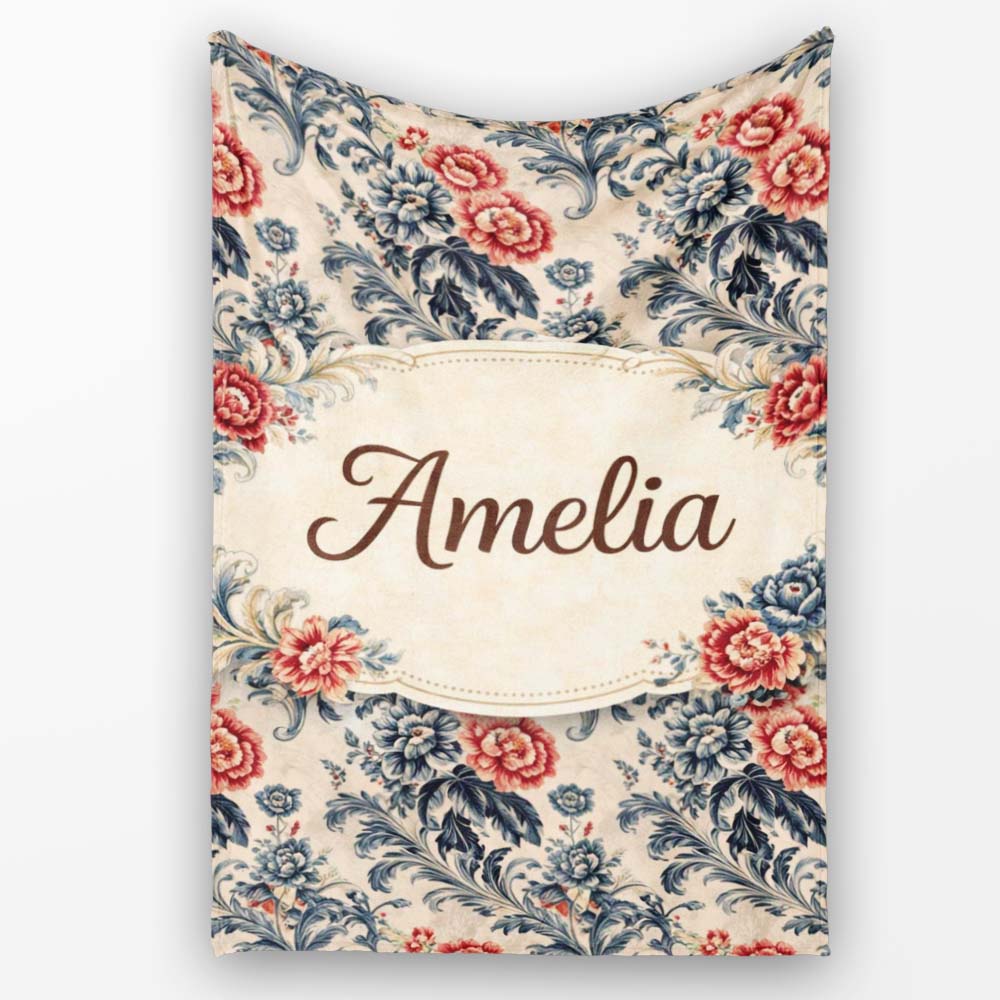 Blue Red Vintage Floral Seamless Pattern Classic Botanical Lovely Personalised Custom Name Super Soft Fleece Blanket Bed Sofa Throw