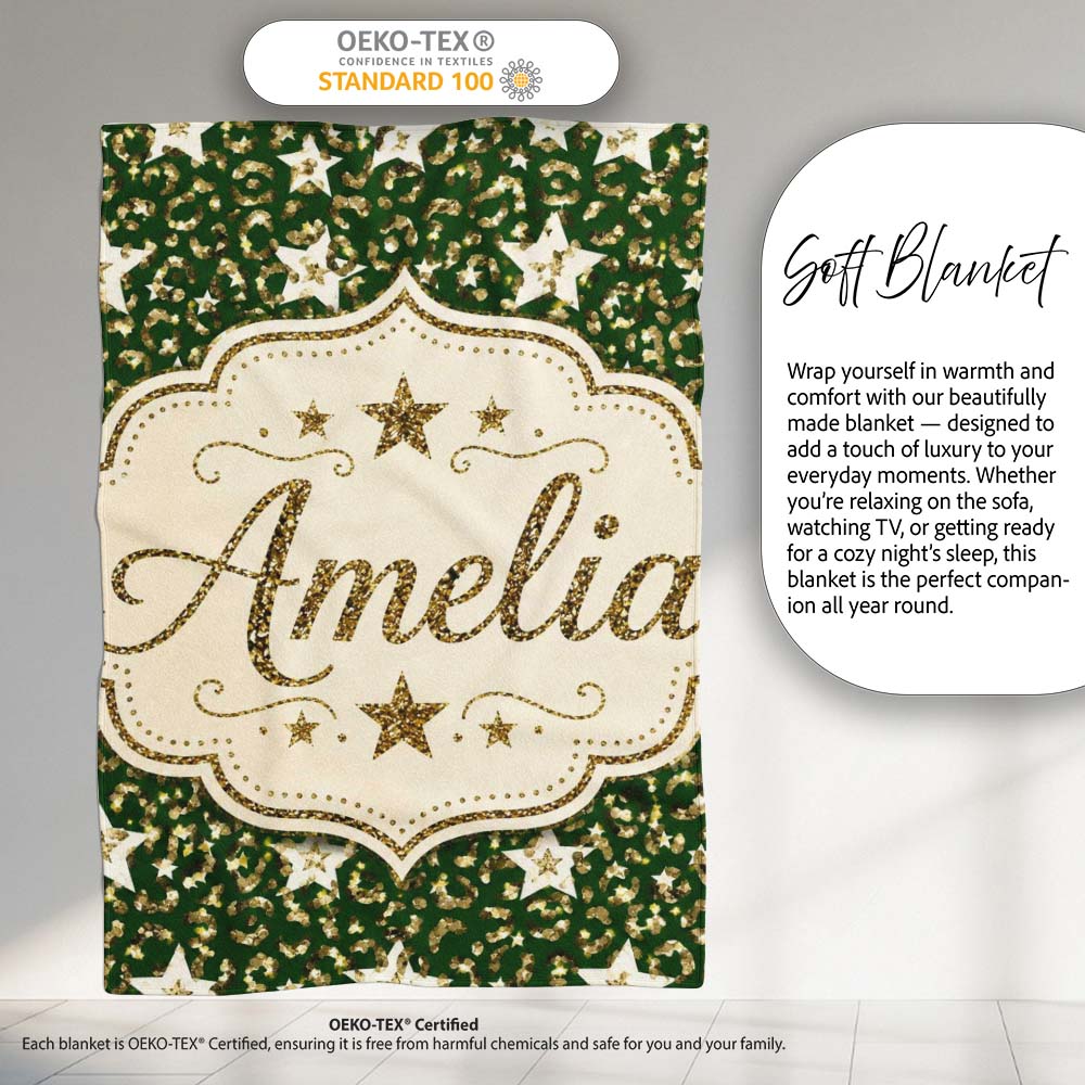 Green Gold Leopard Glitter Star Seamless Pattern Design Festive Personalised Custom Name Super Soft Fleece Blanket Bed Sofa Throw