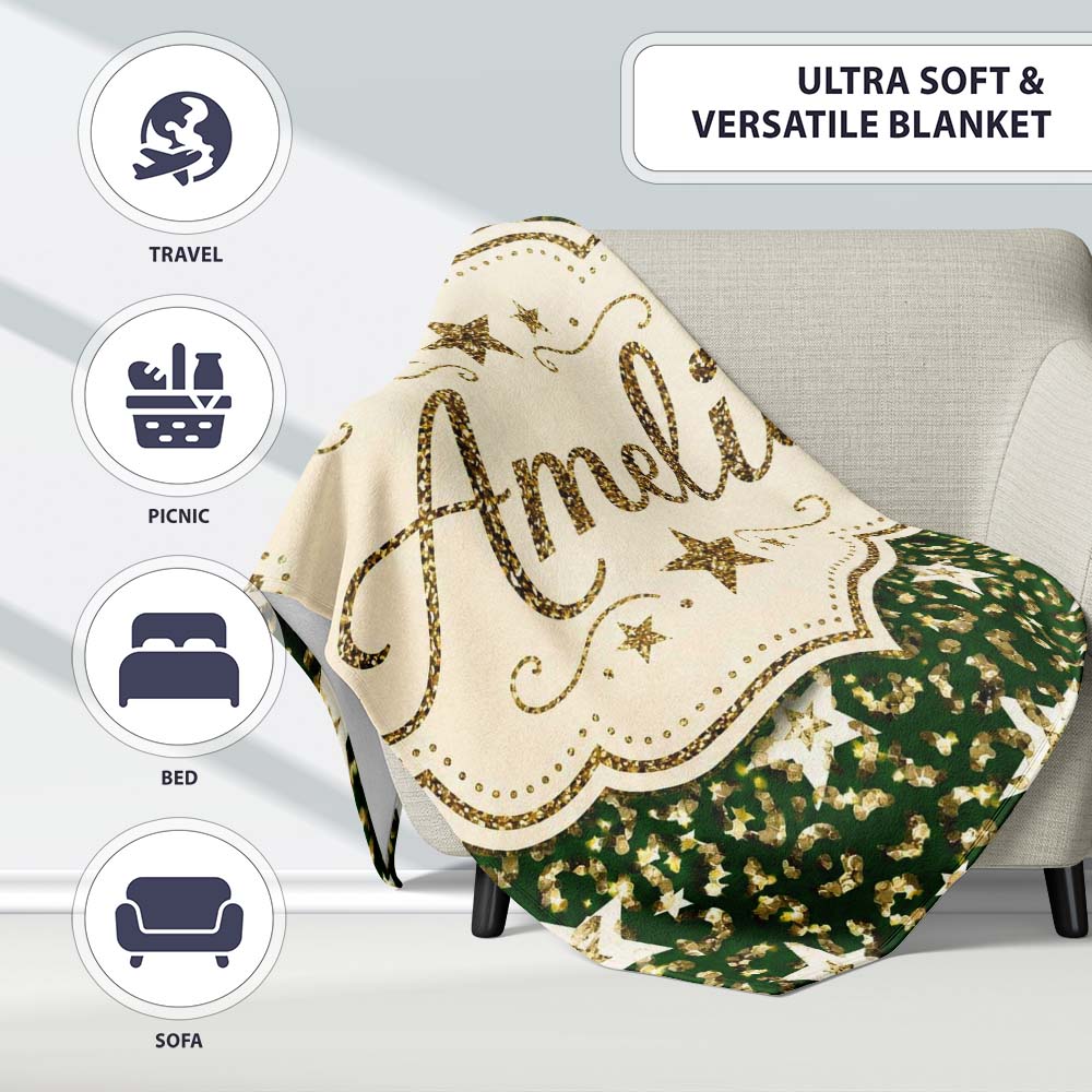 Green Gold Leopard Glitter Star Seamless Pattern Design Festive Personalised Custom Name Super Soft Fleece Blanket Bed Sofa Throw