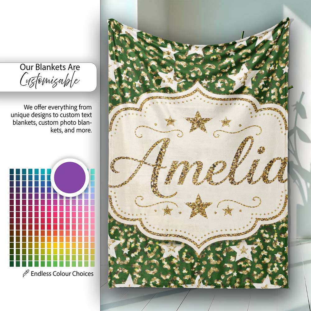 Green Gold Leopard Glitter Star Seamless Pattern Design Festive Personalised Custom Name Super Soft Fleece Blanket Bed Sofa Throw