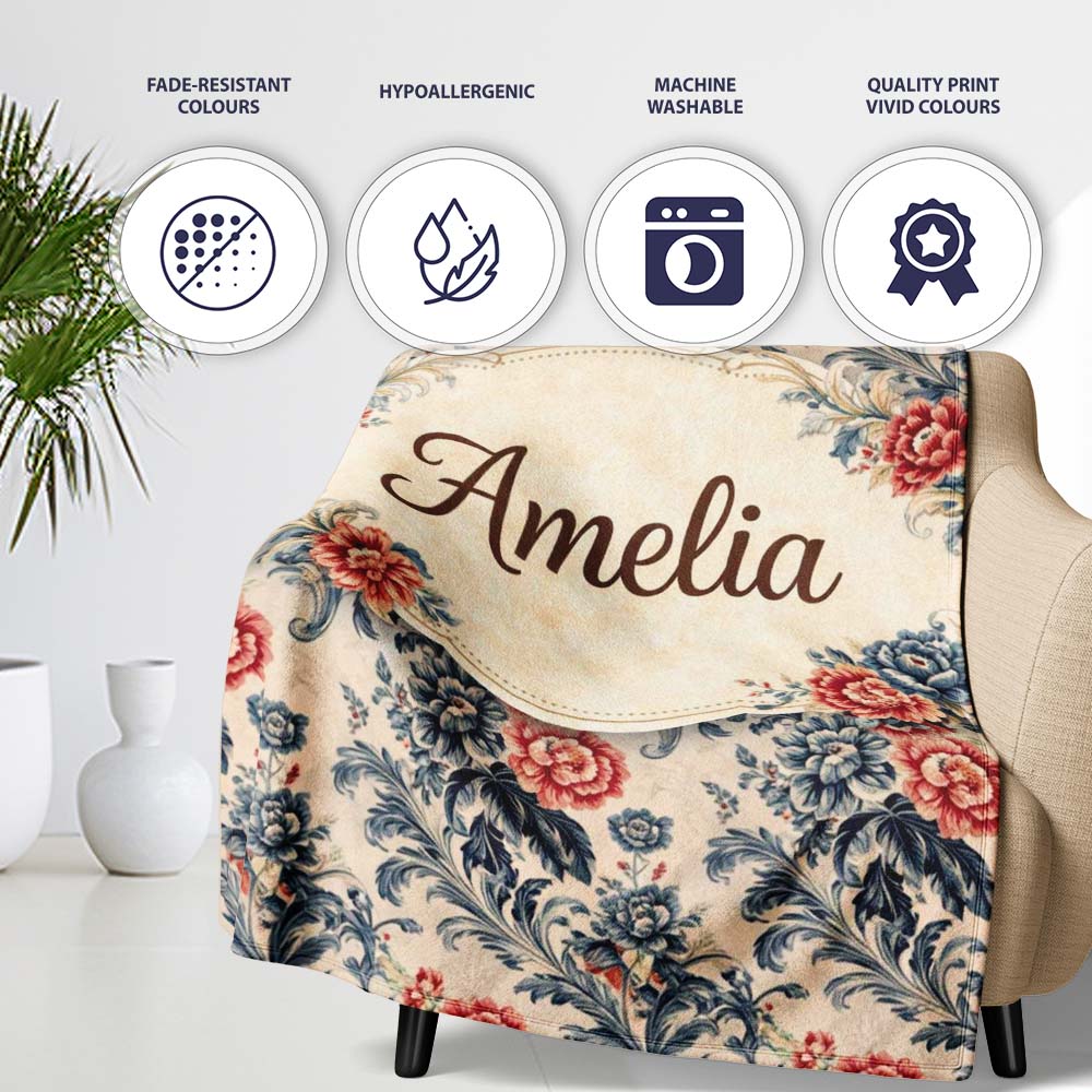 Blue Red Vintage Floral Seamless Pattern Classic Botanical Lovely Personalised Custom Name Super Soft Fleece Blanket Bed Sofa Throw