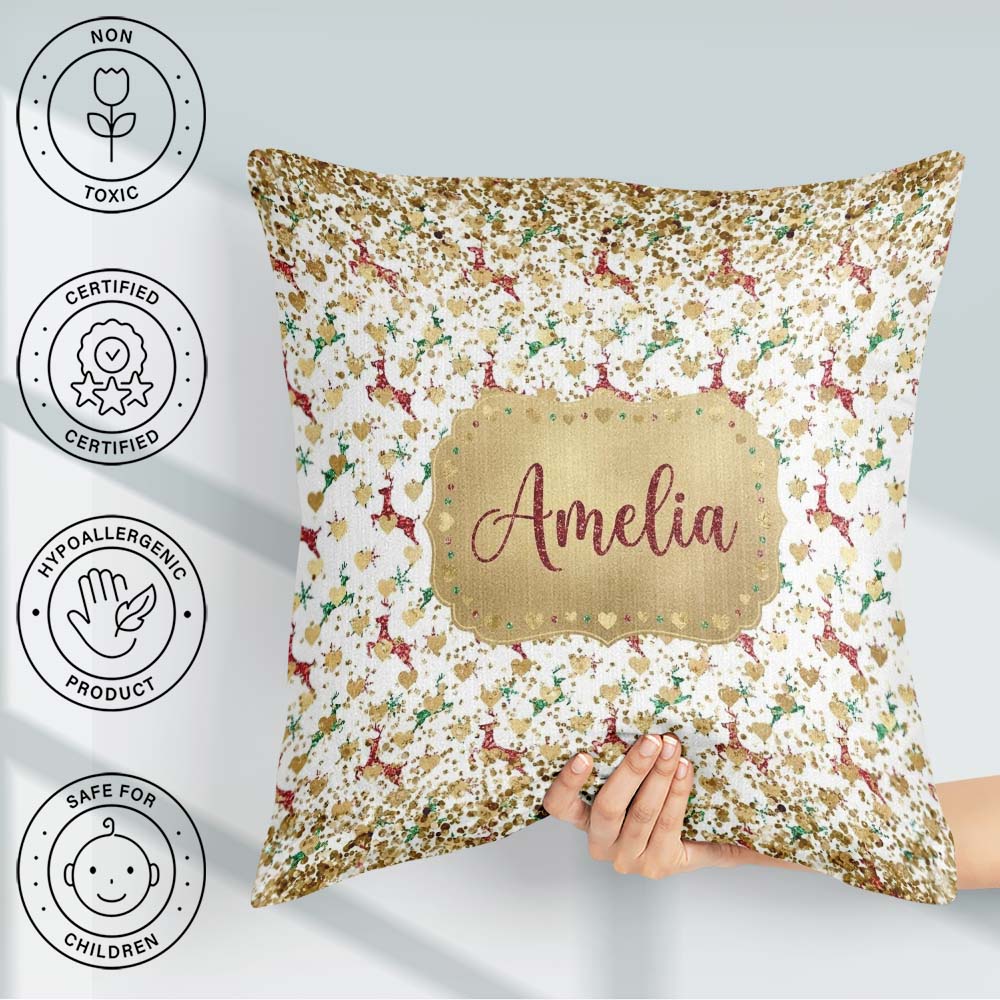 Custom Name Gold Reindeer Heart Confetti Seamless Pattern Design Square Filled Cushion Throw Pillow Sofa Bed Home Decor Zip Washable UK Made