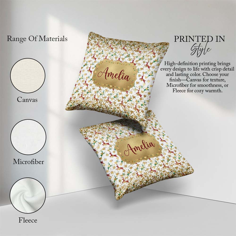 Custom Name Gold Reindeer Heart Confetti Seamless Pattern Design Square Filled Cushion Throw Pillow Sofa Bed Home Decor Zip Washable UK Made