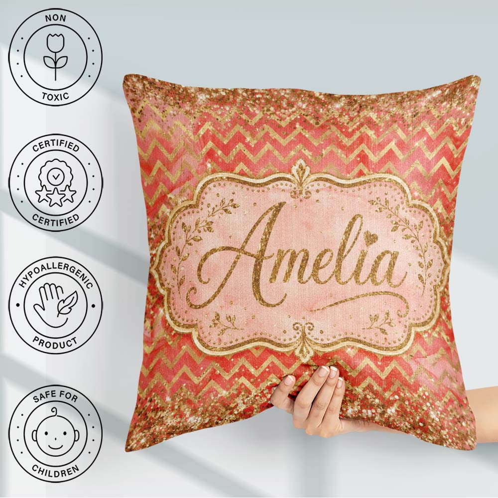 Custom Name Red Gold Chevron Glitter Marble Seamless Design Bold Square Filled Cushion Throw Pillow Sofa Bed Home Decor Zip Washable UK Made