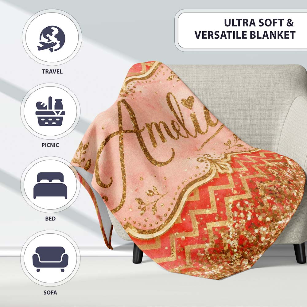 Red Gold Chevron Glitter Marble Seamless Pattern Design Bold Festive Personalised Custom Name Super Soft Fleece Blanket Bed Sofa Throw