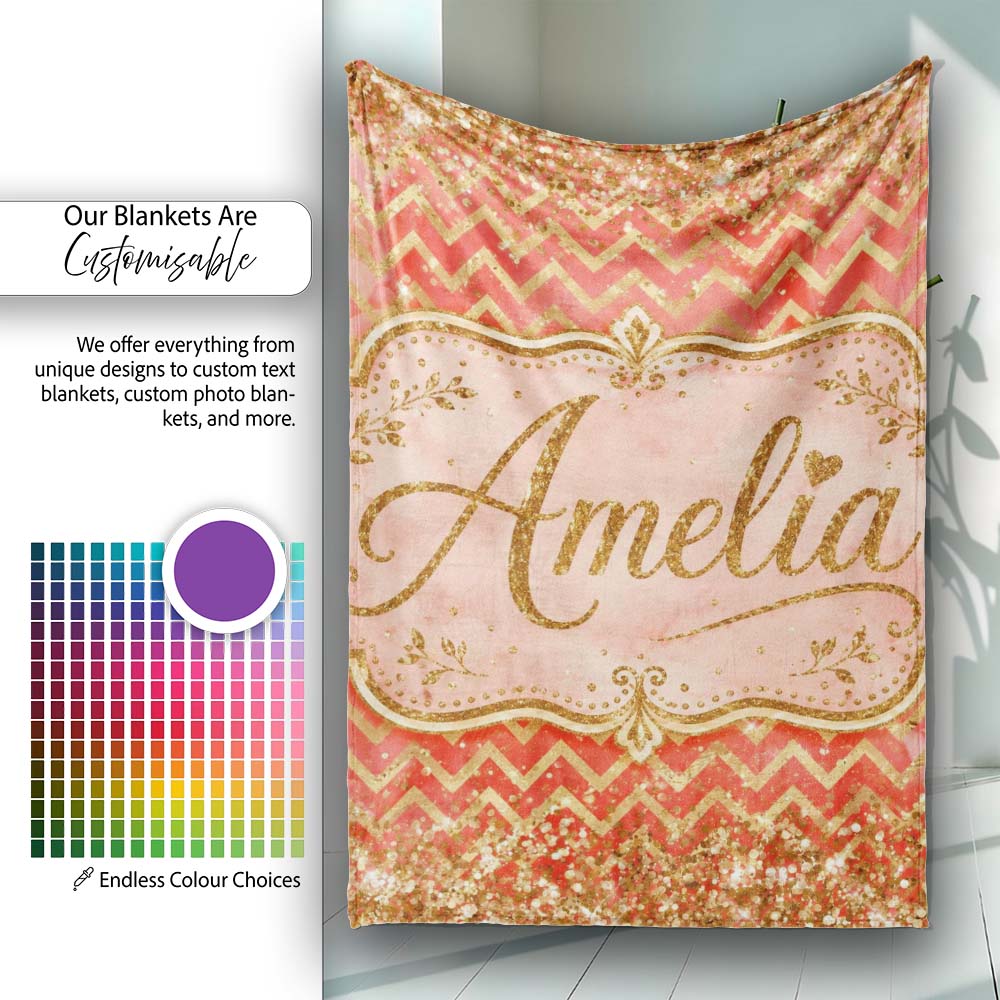 Red Gold Chevron Glitter Marble Seamless Pattern Design Bold Festive Personalised Custom Name Super Soft Fleece Blanket Bed Sofa Throw