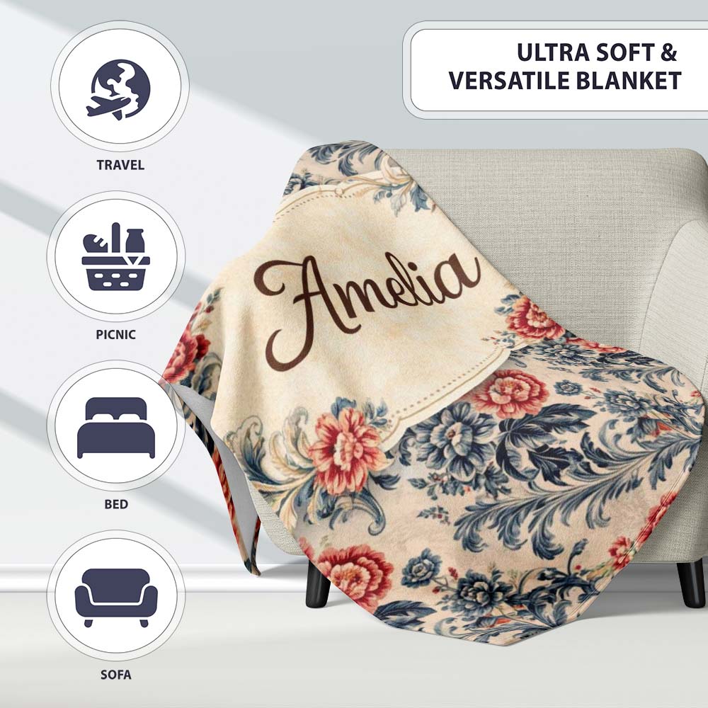 Blue Red Vintage Floral Seamless Pattern Classic Botanical Lovely Personalised Custom Name Super Soft Fleece Blanket Bed Sofa Throw
