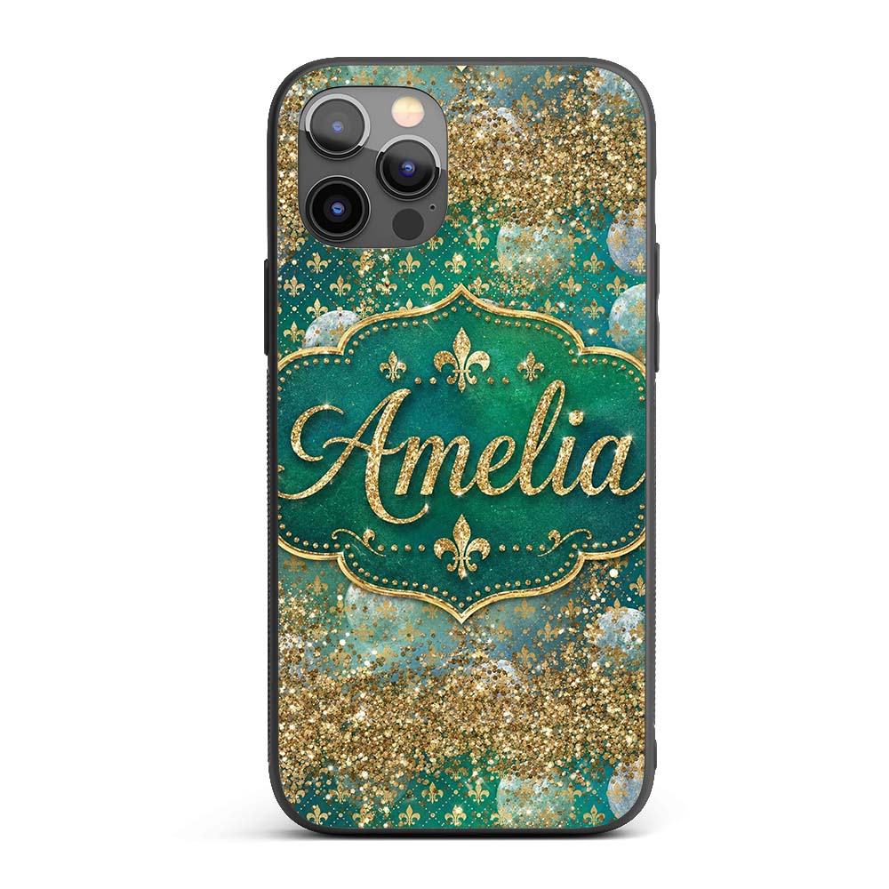 Teal Gold Fleur De Lis Ornament Seamless Pattern Custom Name Protective Phone Case Mobile Cover Durable Everyday Smartphone Shock Resistant