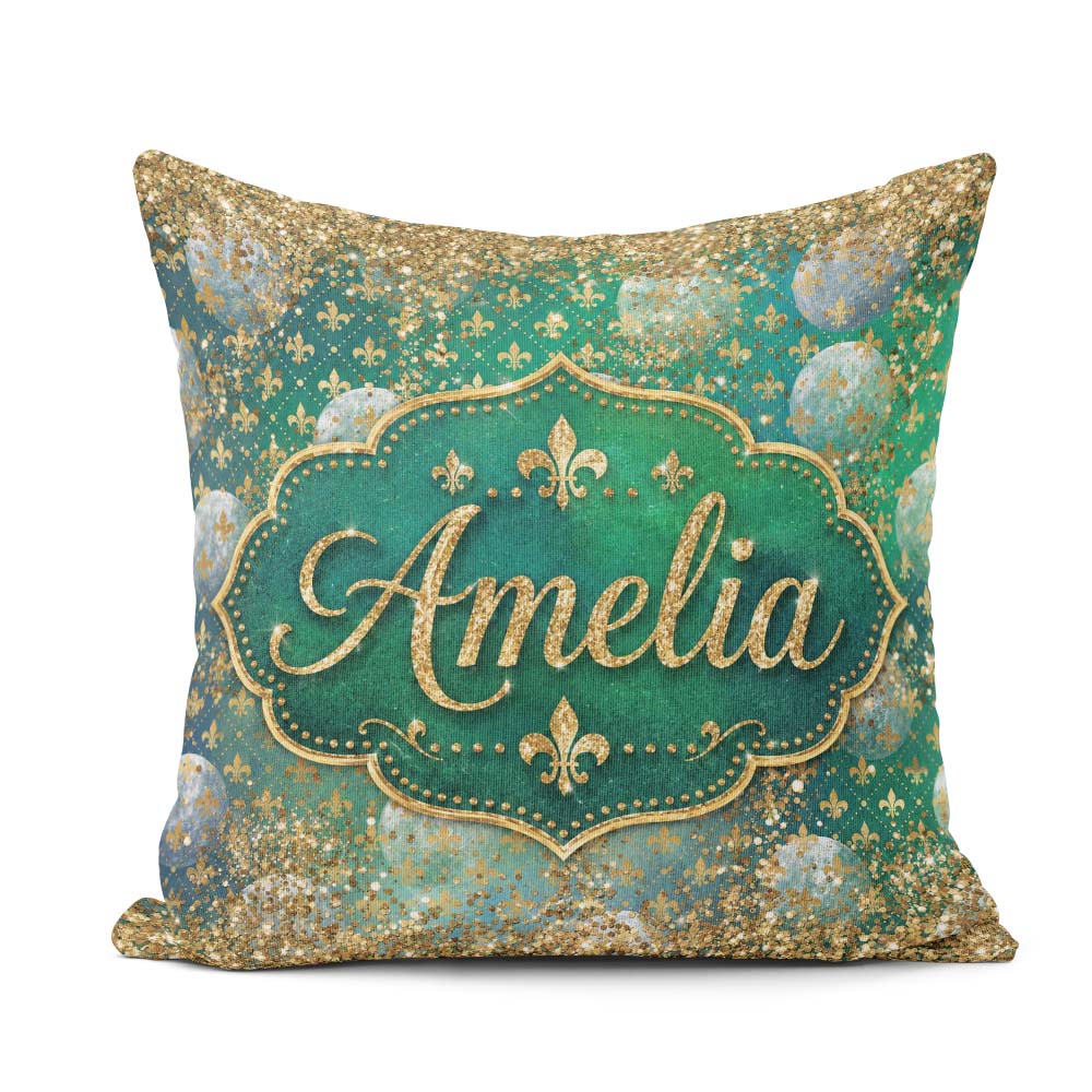 Custom Name Teal Gold Fleur De Lis Ornament Seamless Design Luxe Square Filled Cushion Throw Pillow Sofa Bed Home Decor Zip Washable UK Made