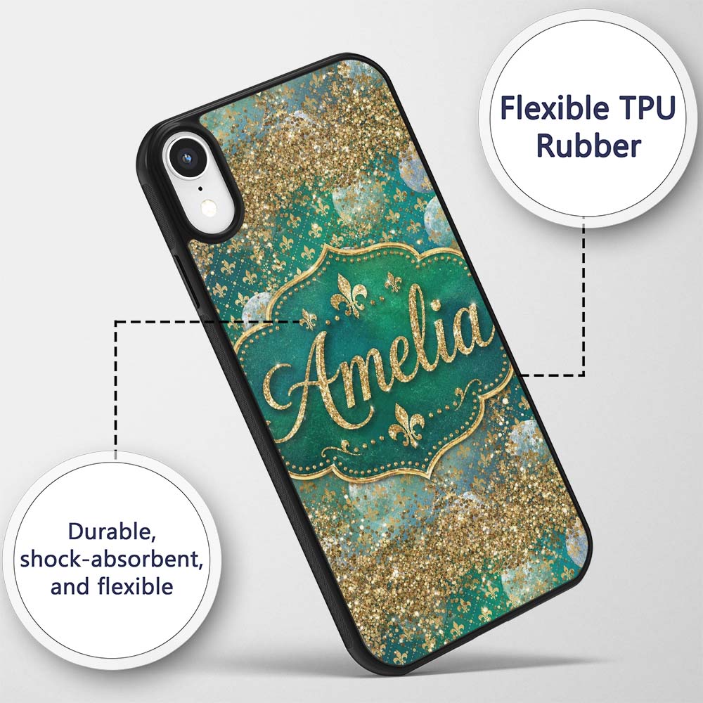 Teal Gold Fleur De Lis Ornament Seamless Pattern Custom Name Protective Phone Case Mobile Cover Durable Everyday Smartphone Shock Resistant