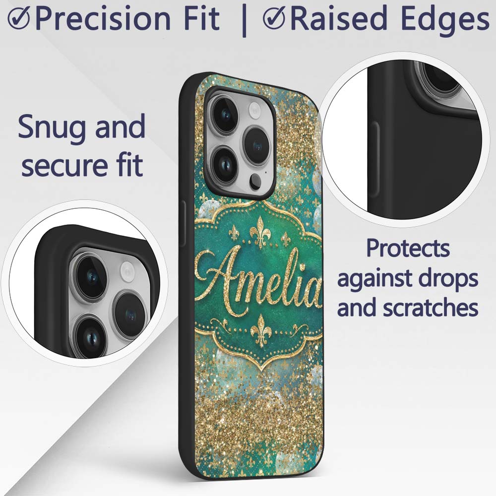 Teal Gold Fleur De Lis Ornament Seamless Pattern Custom Name Protective Phone Case Mobile Cover Durable Everyday Smartphone Shock Resistant